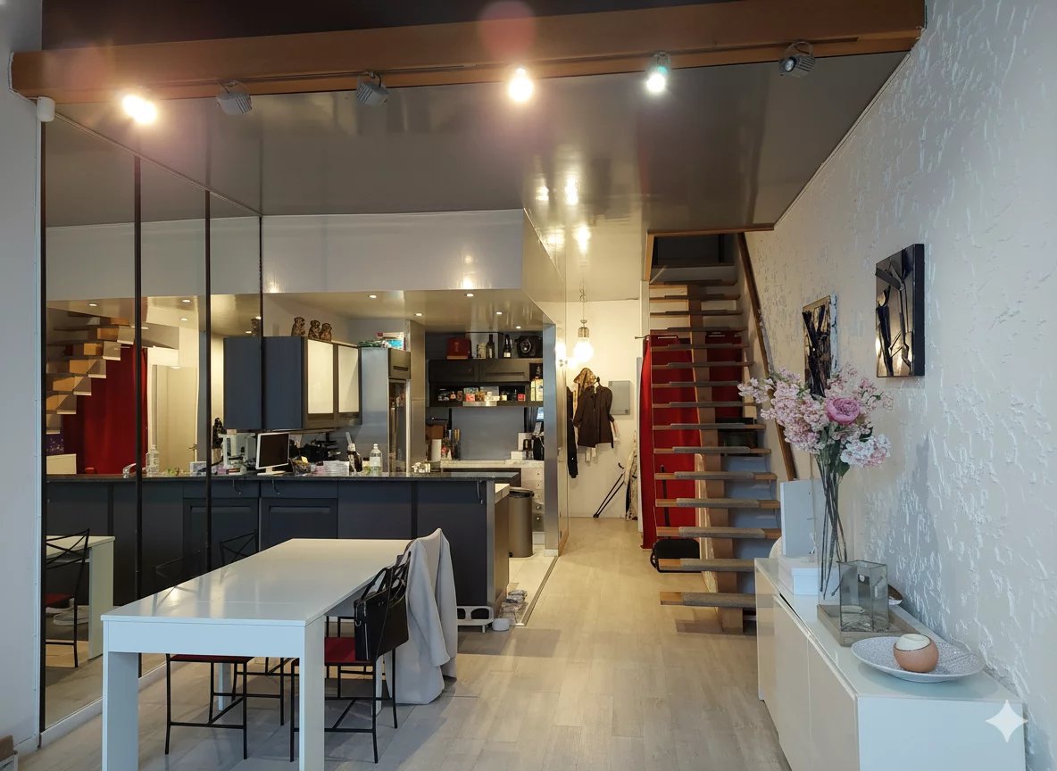 Contemporary duplex in Courbevoie Interior of a modern duplex with open kitchen and dining room, exposed wooden staircase.