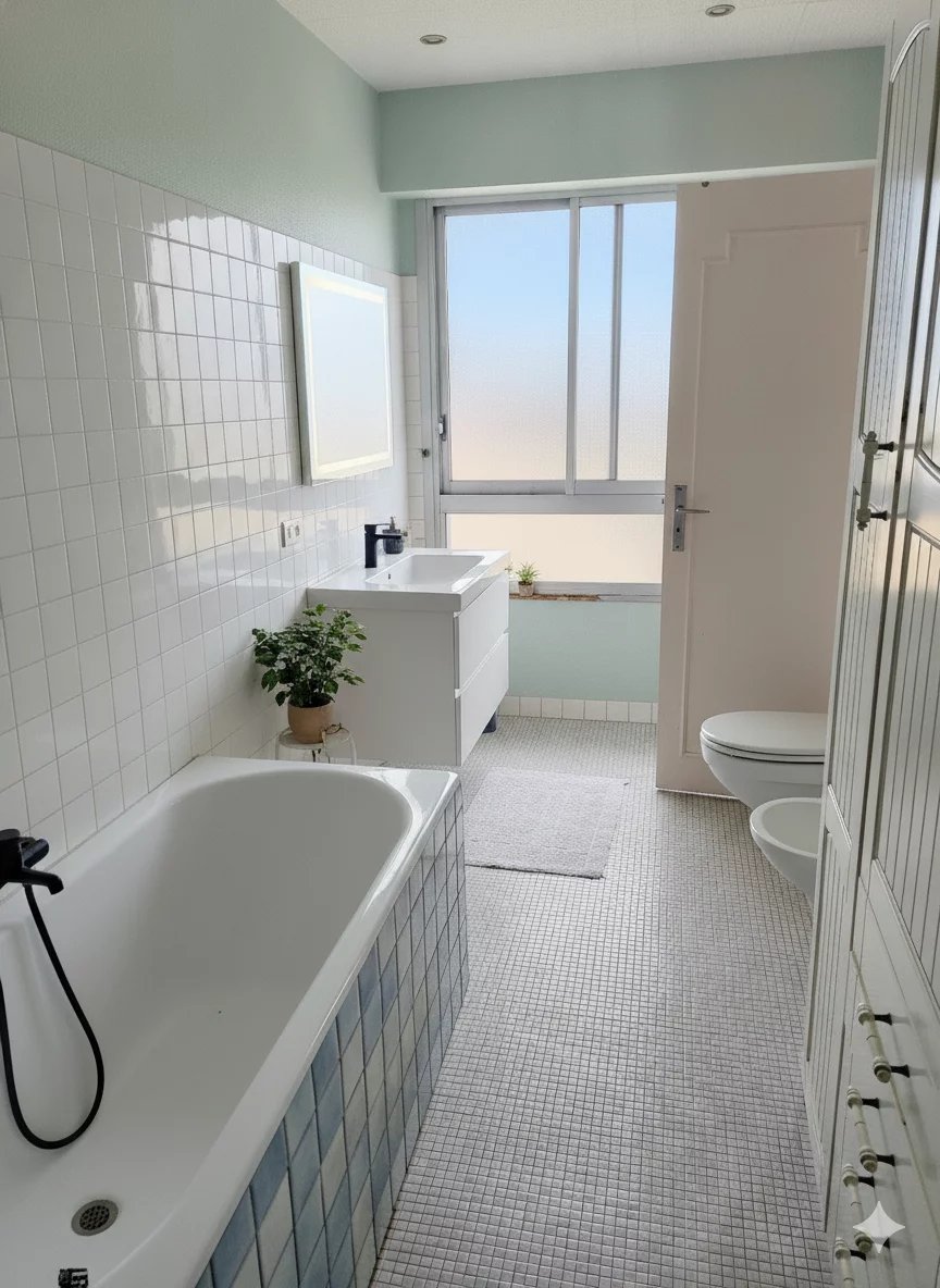 Salle de bain du duplex à Courbevoie Salle de bain moderne avec baignoire, lavabo et fenêtre à Courbevoie.