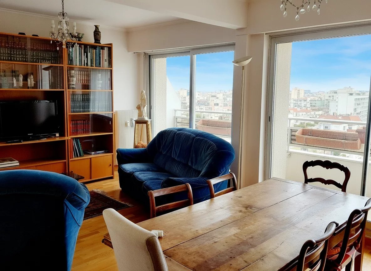 Duplex avec vue à Courbevoie Intérieur d'un duplex à Courbevoie avec vue sur la ville, salon et salle à manger.