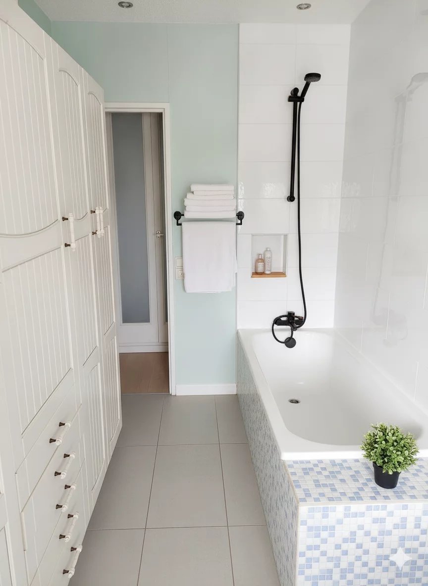 Salle de bain duplex Courbevoie Salle de bain moderne avec baignoire, meuble de rangement et douche à l'italienne.
