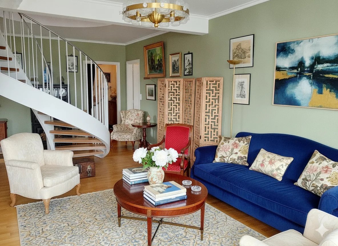 Salon d’un duplex à Courbevoie Intérieur d'un duplex à Courbevoie avec un salon élégant, un escalier en colimaçon et des œuvres d'art.
