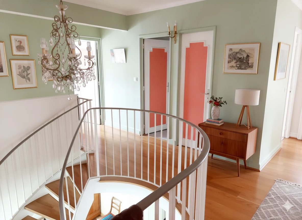Intérieur duplex Courbevoie Intérieur d'un duplex à Courbevoie avec un escalier en colimaçon et des murs peints en vert pâle.