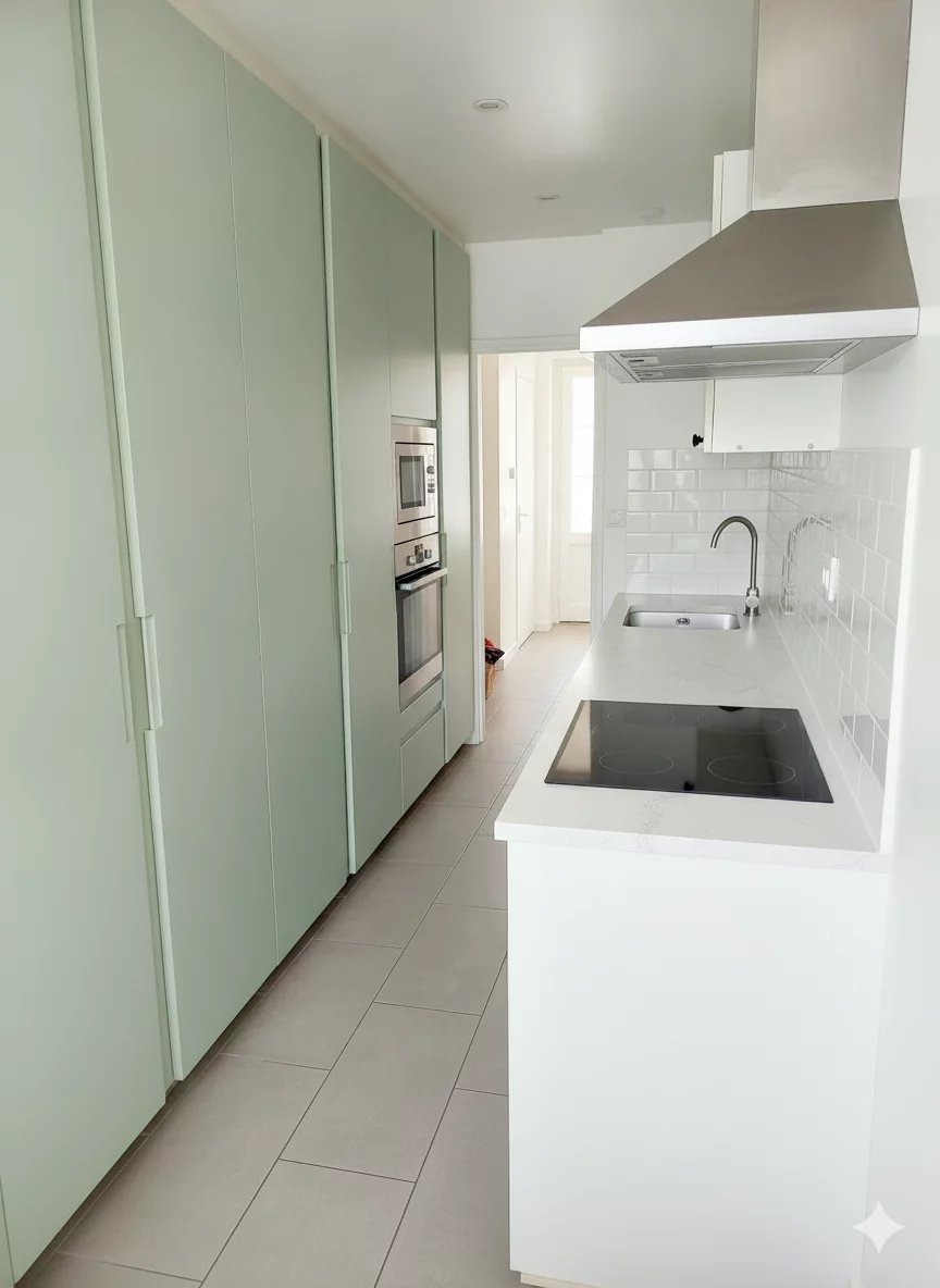 Cuisine d’un duplex à Courbevoie Cuisine moderne d'un duplex à Courbevoie avec des meubles de rangement verts et des appareils électroménagers intégrés.