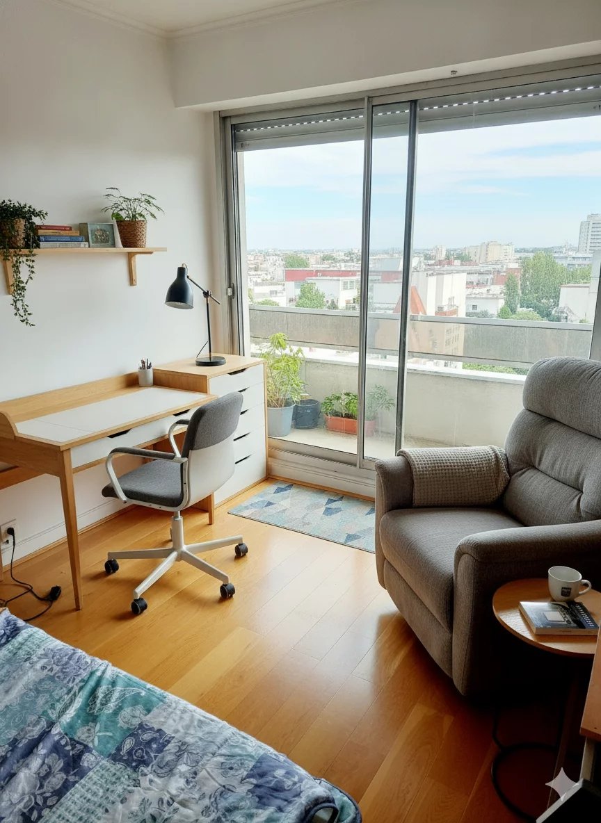Intérieur duplex Courbevoie Intérieur d'un duplex à Courbevoie avec un bureau, un fauteuil et une vue sur la ville.