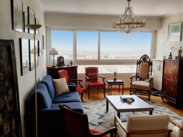 Interior of a duplex in Courbevoie with panoramic views of Paris, elegant and bright furnishings.