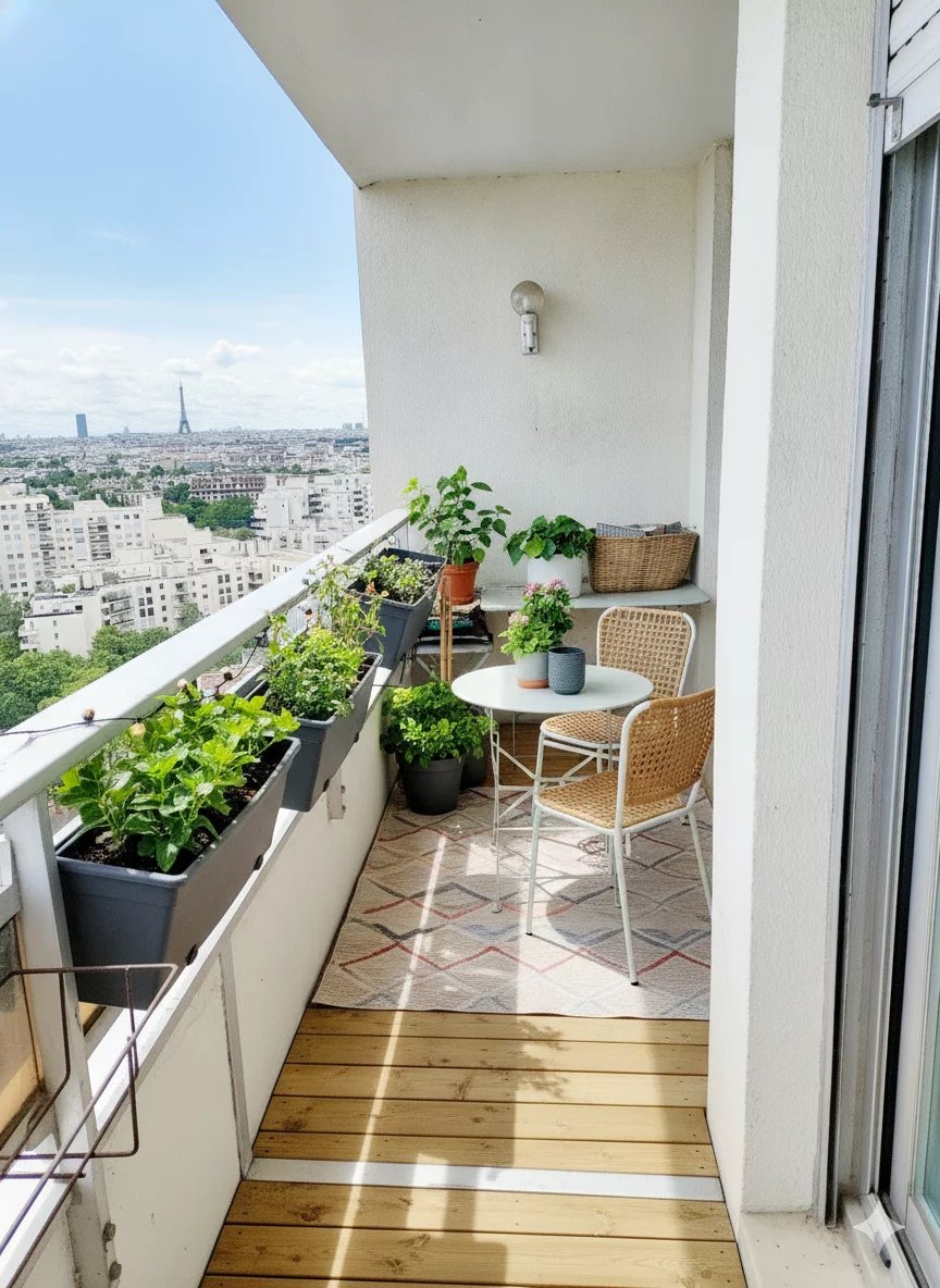 Balcon d’un duplex à Courbevoie Balcon d'un duplex à Courbevoie avec vue sur Paris et la Tour Eiffel, décoré de plantes.