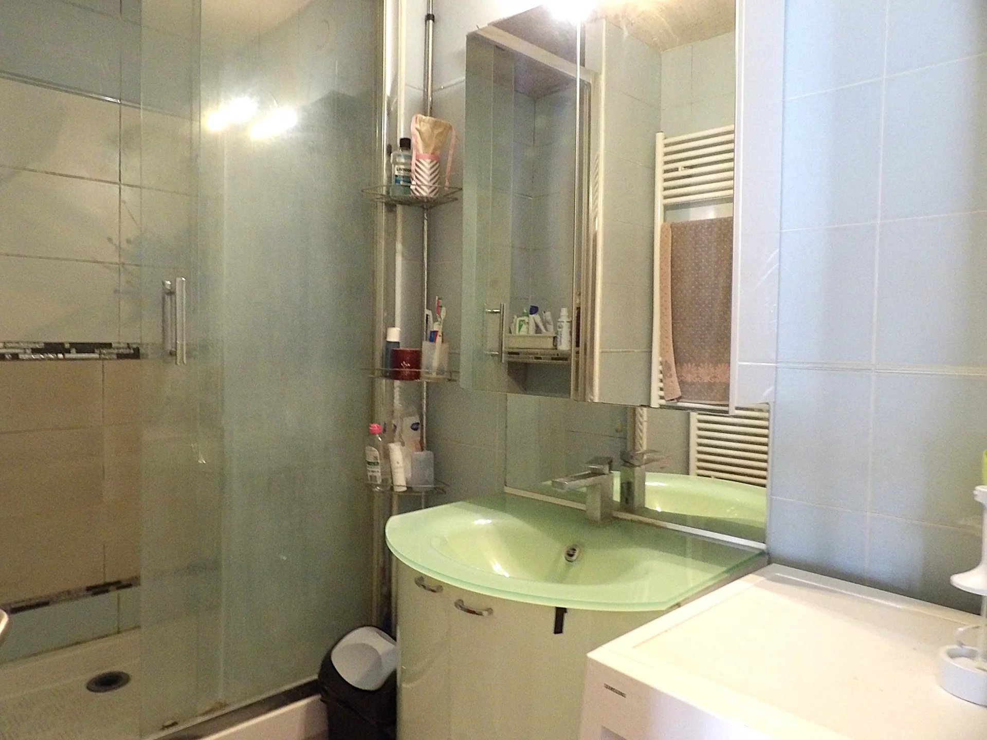 Salle de bain d’un appartement à Paris 13ème Salle de bain moderne avec douche, lavabo et miroir, dans un appartement à Paris 13ème.