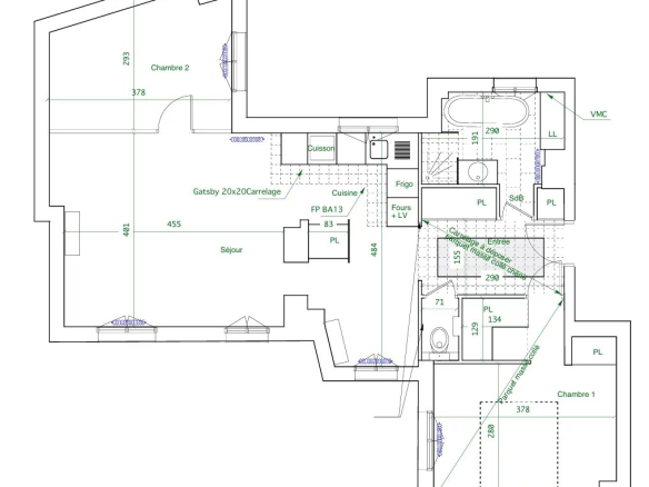 Floor plan of a 3-room apartment in Paris 16th arrondissement, with living room, open kitchen and two bedrooms.