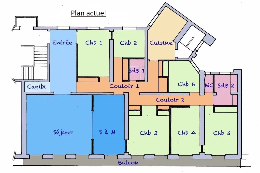 Plan de l’appartement familial à Paris 17ème Plan d'un appartement de 8 pièces à Paris 17ème, incluant 6 chambres et un balcon.
