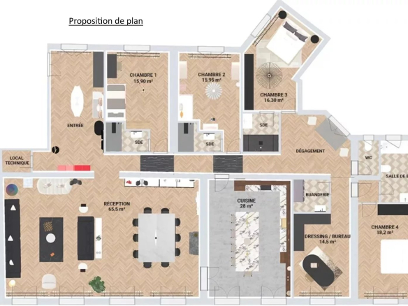 Plan d'un appartement de 8 pièces avec 6 chambres au 5ème étage à Paris 17ème.