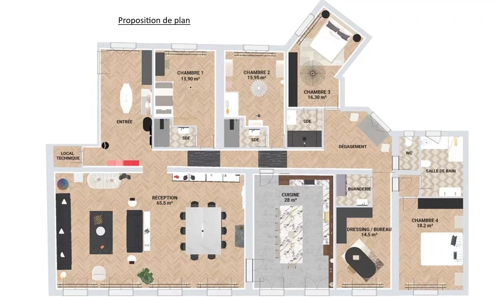 Plan d’appartement familial à Paris 17ème Plan d'un appartement de 8 pièces avec 6 chambres au 5ème étage à Paris 17ème.