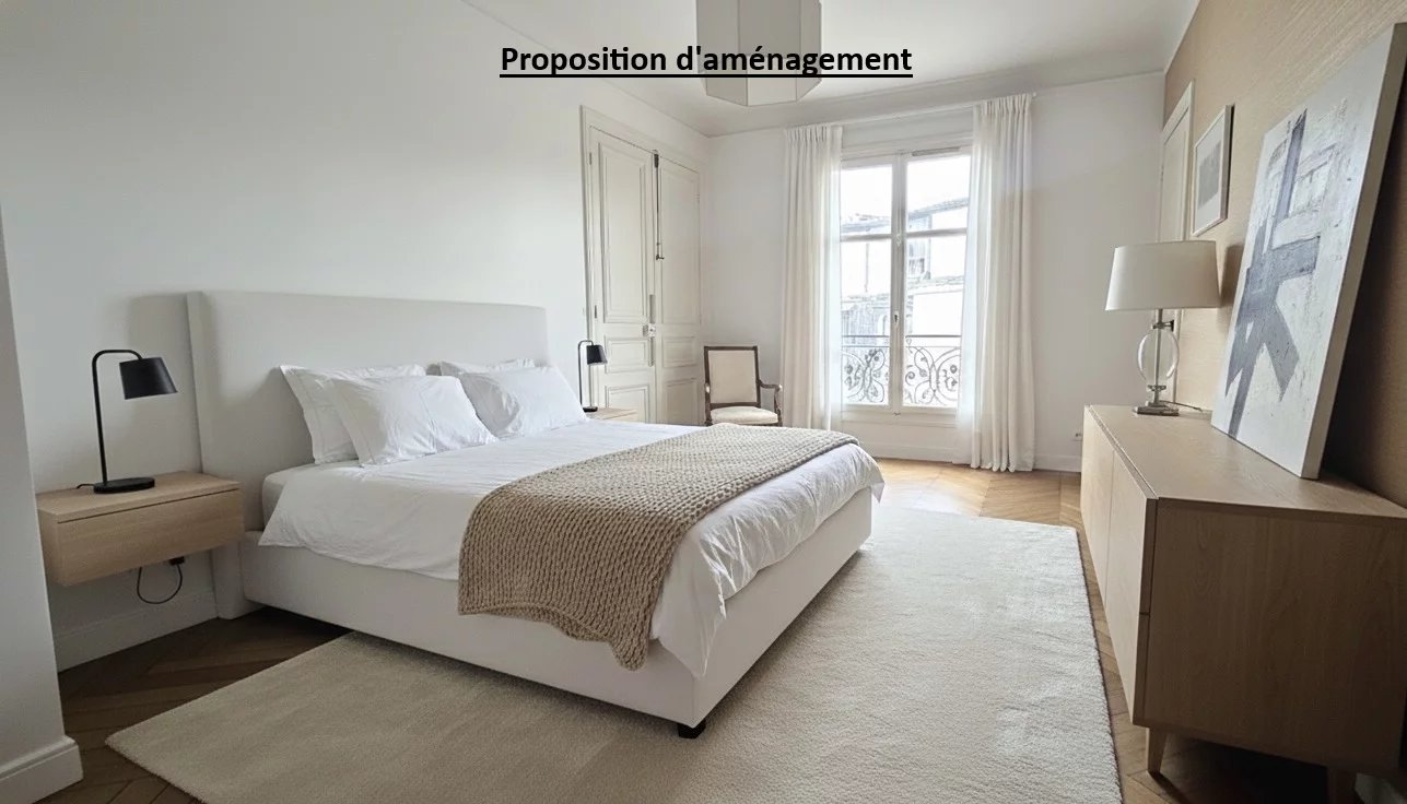 Chambre d’appartement à Paris 17ème Chambre d'appartement à Paris 17ème avec lit, meubles modernes et lumière naturelle.