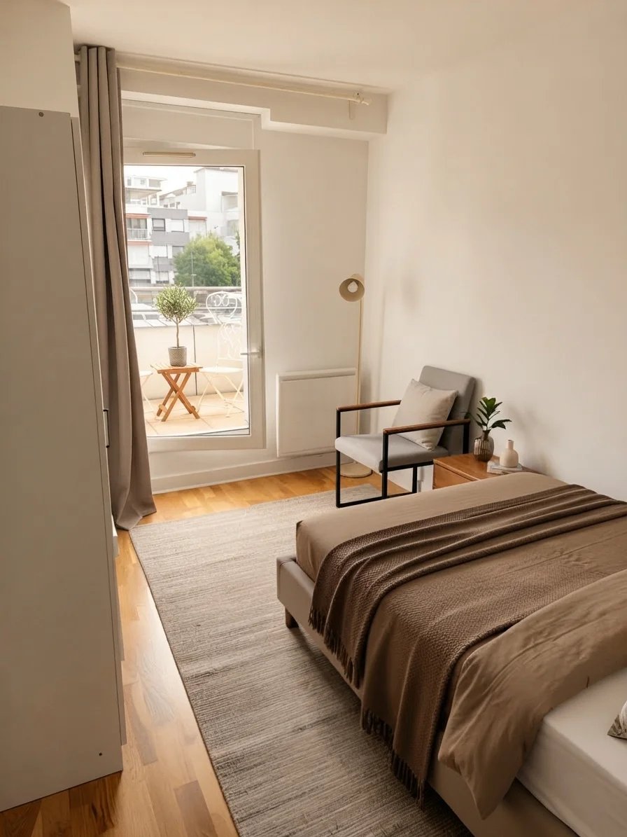 Chambre d’appartement à Courbevoie Chambre d'appartement à Courbevoie avec lit, fauteuil et accès à une terrasse.