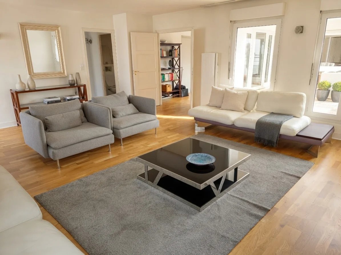 Salon d’appartement à Courbevoie Salon spacieux d'un appartement à Courbevoie avec canapé, table basse et tapis.