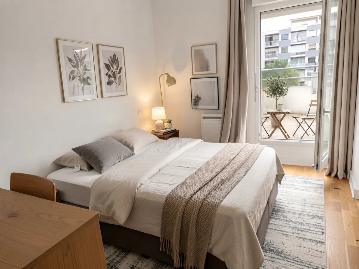 Chambre d’appartement à Courbevoie Chambre d'un appartement moderne avec lit double et accès à un balcon à Courbevoie.