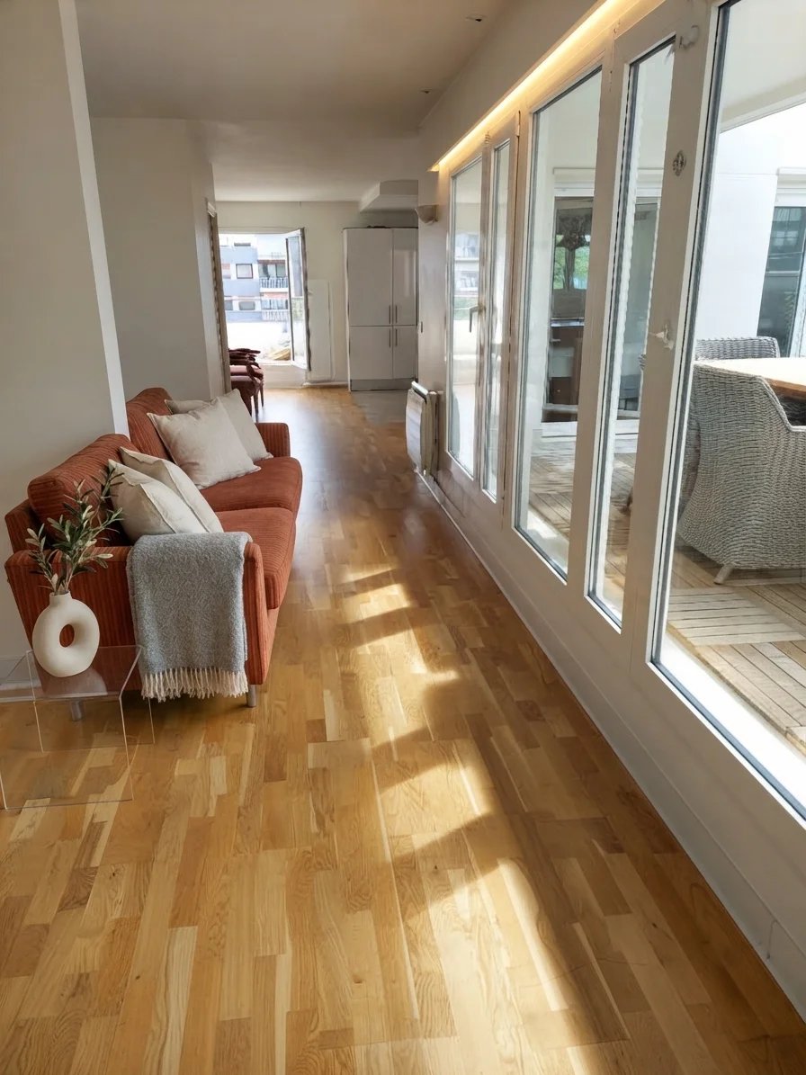Intérieur d’un appartement à Courbevoie Intérieur d'un appartement spacieux avec parquet en bois, canapé et grandes fenêtres.
