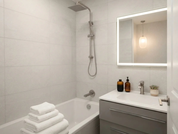 Salle de bain moderne avec baignoire, douche et lavabo, serviettes empilées.