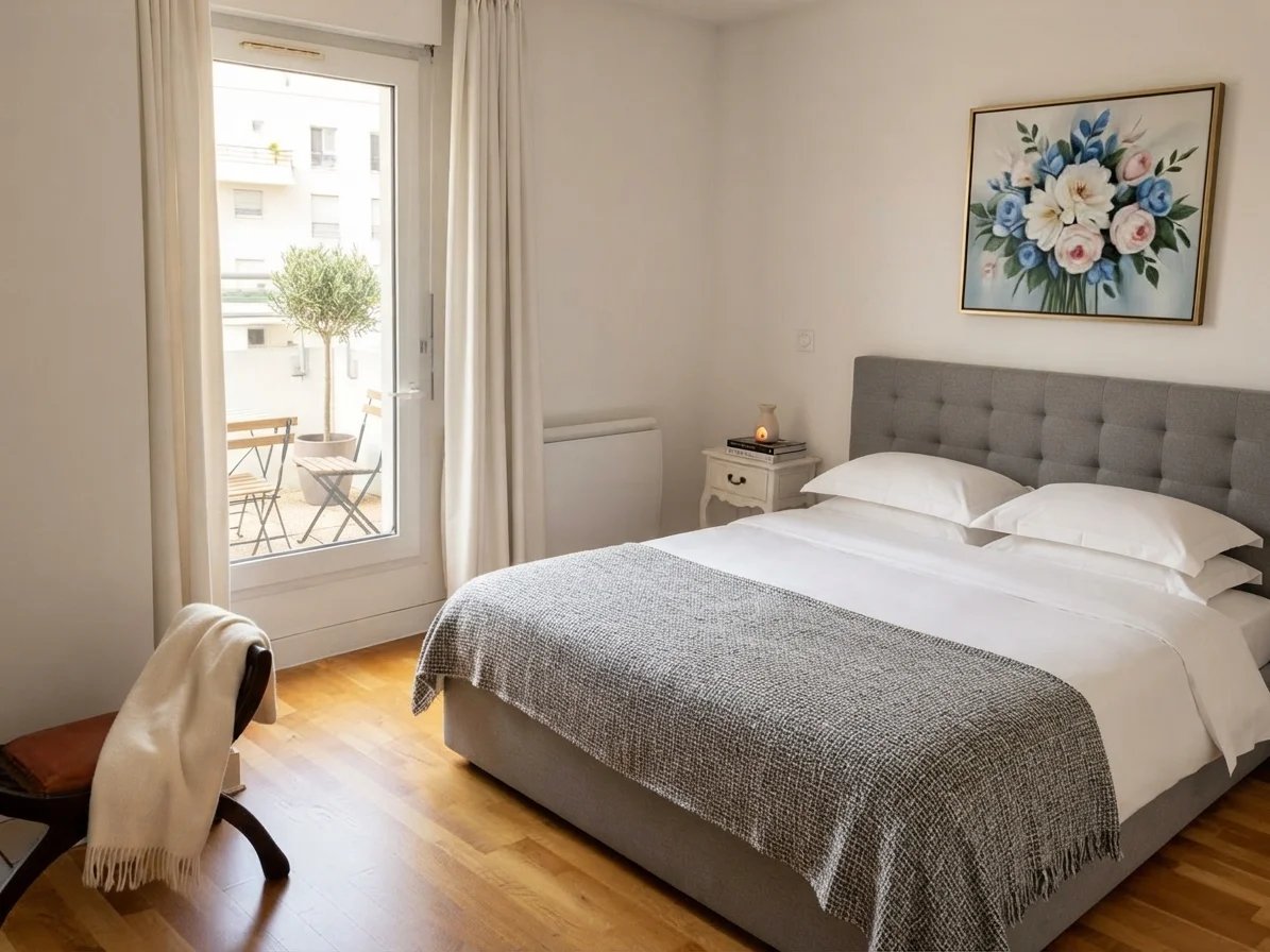Chambre d’appartement à Courbevoie Chambre d'un appartement à Courbevoie avec lit double et accès à un balcon.