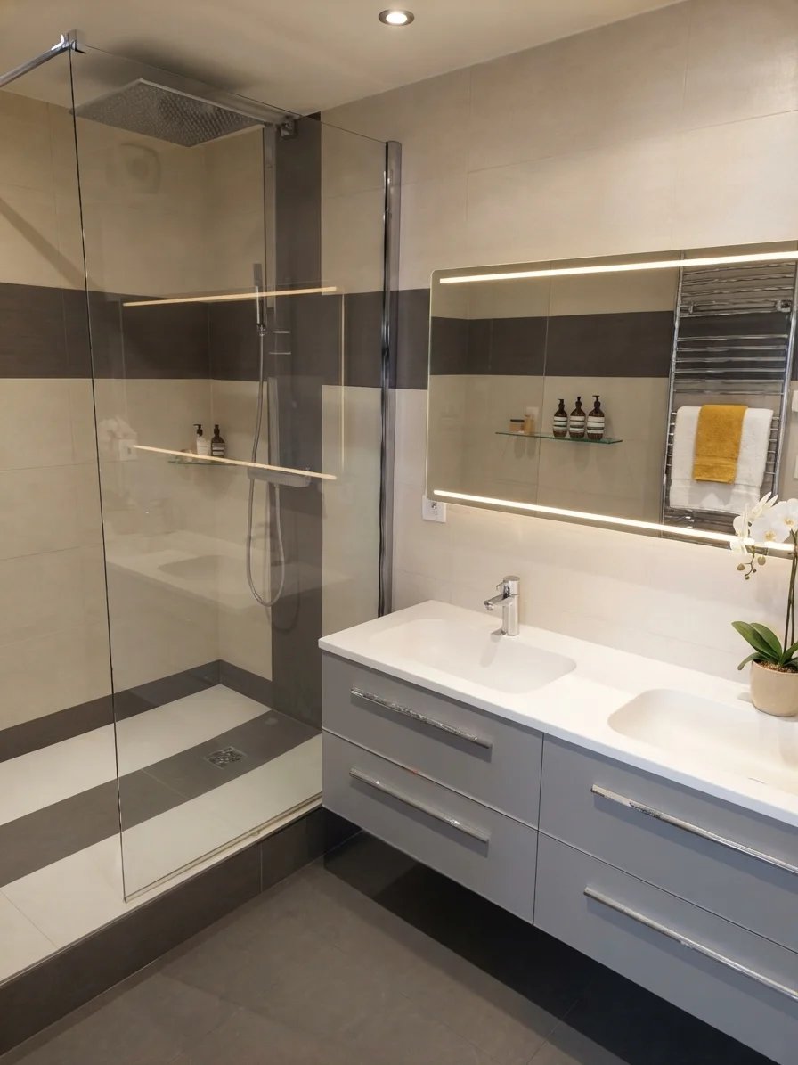 Salle de bain moderne Salle de bain moderne avec douche à l'italienne et double vasque.