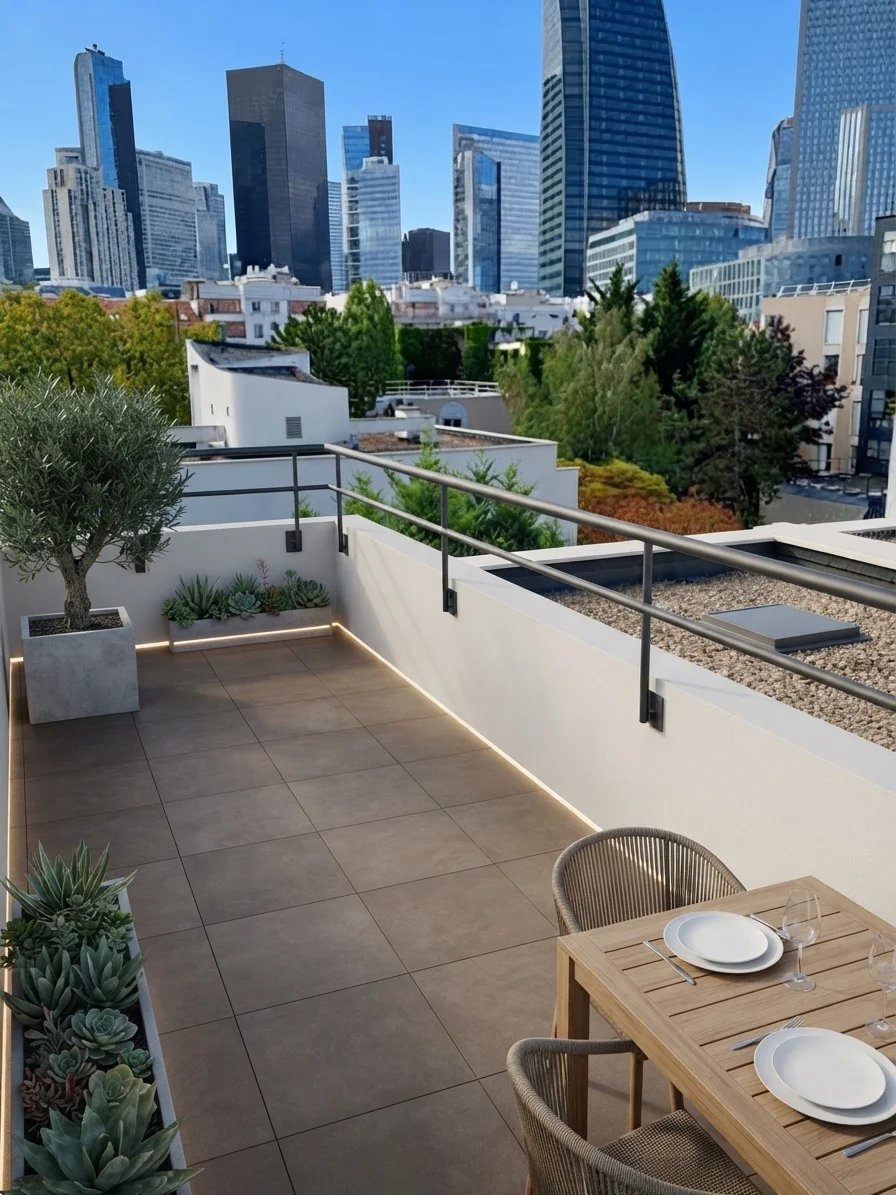 Terrasse avec vue à Courbevoie Terrasse d'un appartement avec vue sur les gratte-ciels de La Défense à Courbevoie.