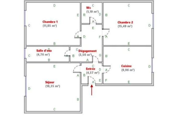 Floor plan of a 3-room apartment in Levallois-Perret with 2 bedrooms and a living room.