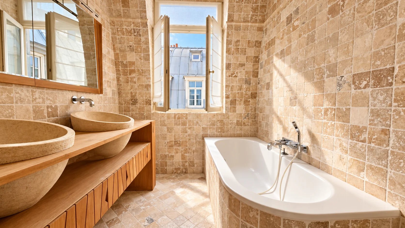Salle de bain d’un duplex à Paris 17ème Salle de bain moderne avec baignoire et vasques en pierre, fenêtres ouvertes sur l'extérieur.