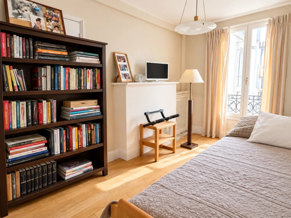 Chambre d'un duplex à Paris 17ème avec bibliothèque et lit simple.