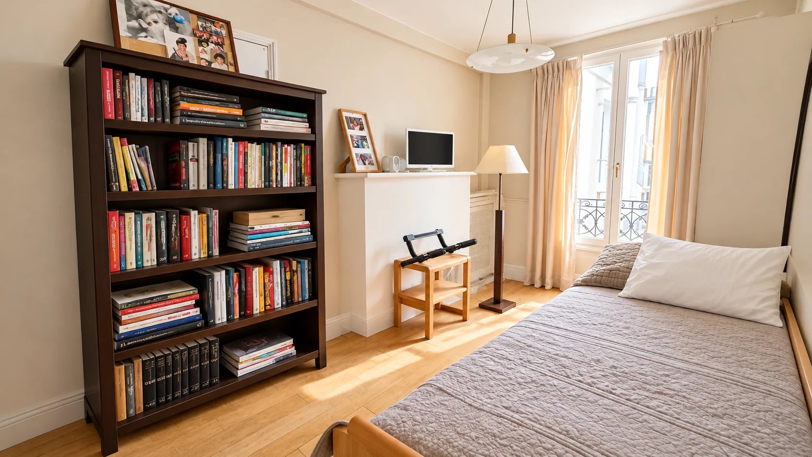 Chambre d’un duplex à Paris 17ème Chambre d'un duplex à Paris 17ème avec bibliothèque et lit simple.