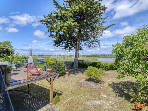 View of a garden with a terrace and a tree, overlooking a tidal creek and the surrounding nature.