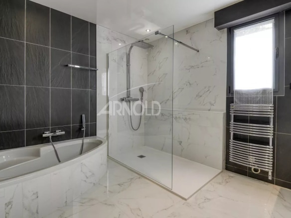 Modern bathroom with walk-in shower and bathtub, marble tiles