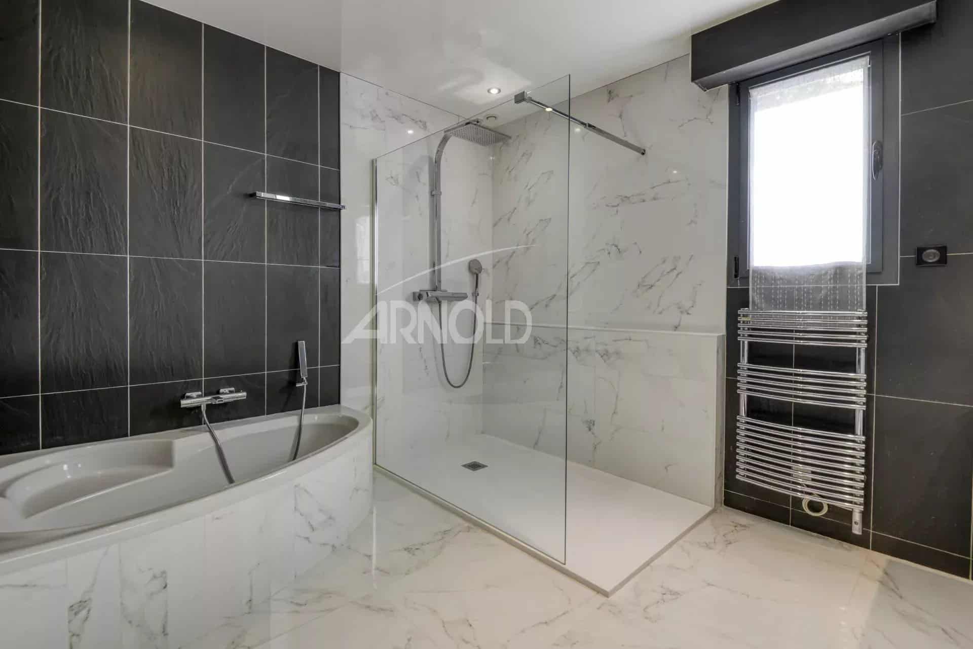 Modern bathroom with walk-in shower and bathtub, marble tiles