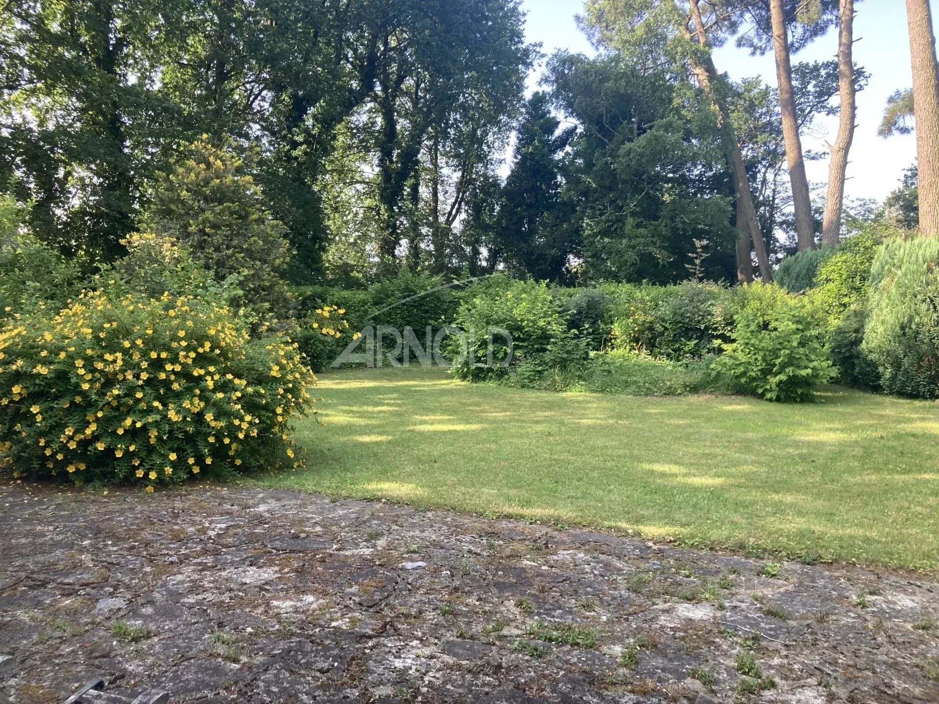 Jardin arboré d'une maison à Arradon, avec pelouse et buissons fleuris.