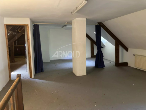 Intérieur d'une maison spacieuse avec des murs blancs et un sol nu, éclairage naturel, rideaux bleus.