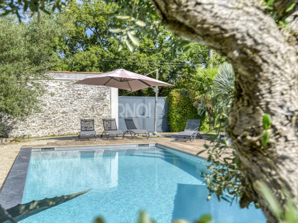 Swimming pool surrounded by sun loungers and trees, with a house in the background.