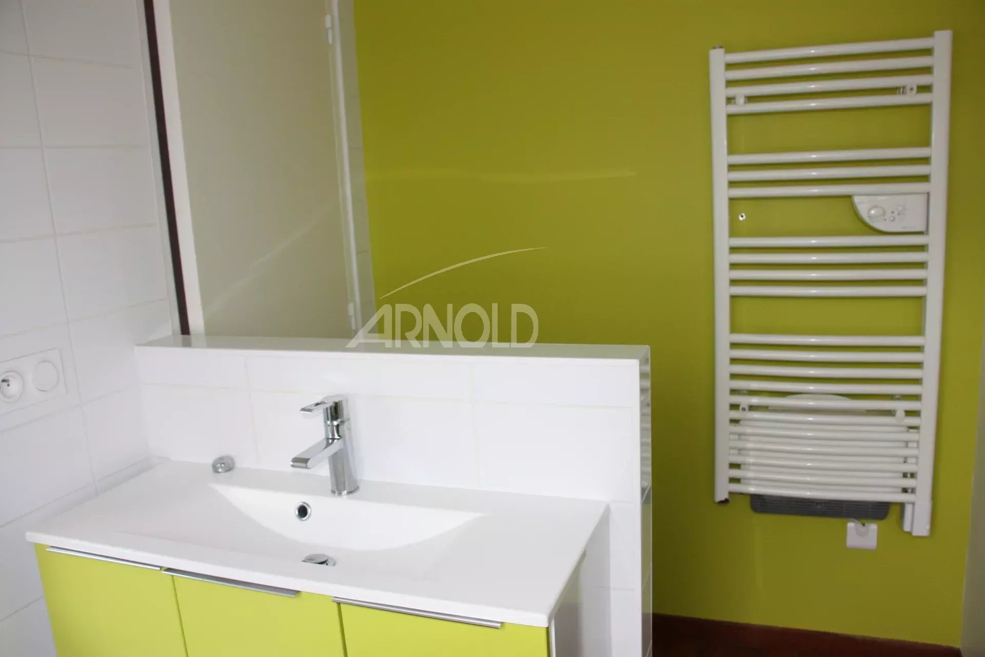 Salle de bain rénovée Salle de bain moderne avec meuble lavabo et radiateur, murs verts.
