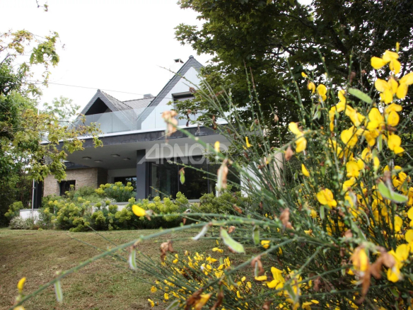 Maison familiale moderne avec jardin et fleurs jaunes, située dans un hameau verdoyant.