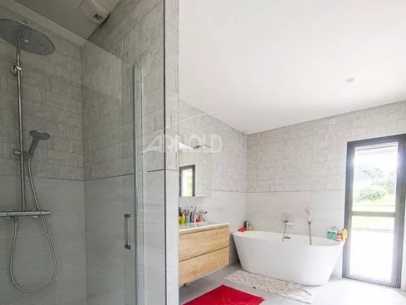 Salle de bain moderne avec douche à l'italienne et baignoire, éclairée par la lumière naturelle.