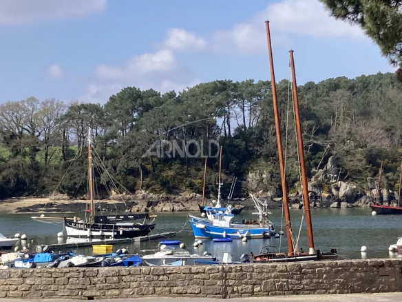 View of the port of Séné with moored boats and trees in the background.