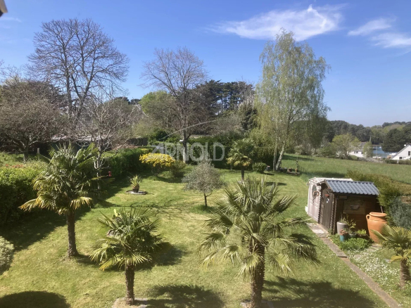 Jardin verdoyant avec palmiers et abri de jardin à Vannes, sous un ciel bleu.