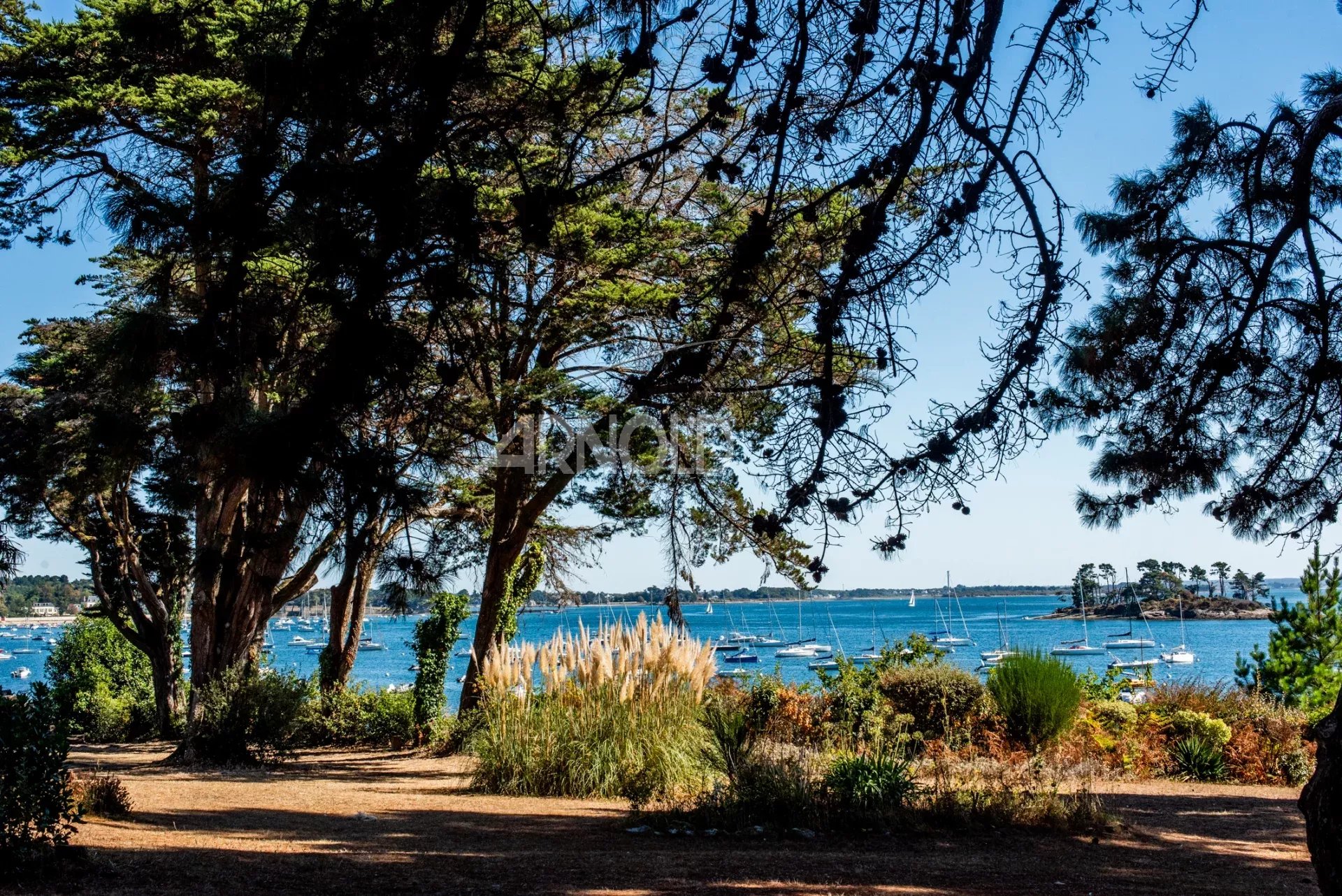 Vue sur le Golfe du Morbihan Vue panoramique sur le Golfe du Morbihan depuis une terrasse entourée d'arbres et de végétation