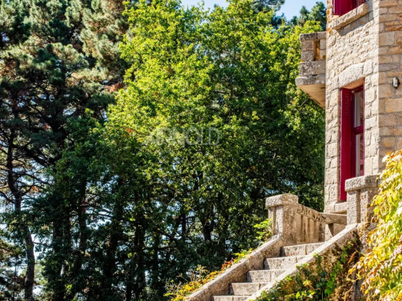 Escalier en pierre menant à une propriété en pierre avec des fenêtres rouges, entourée d'arbres.