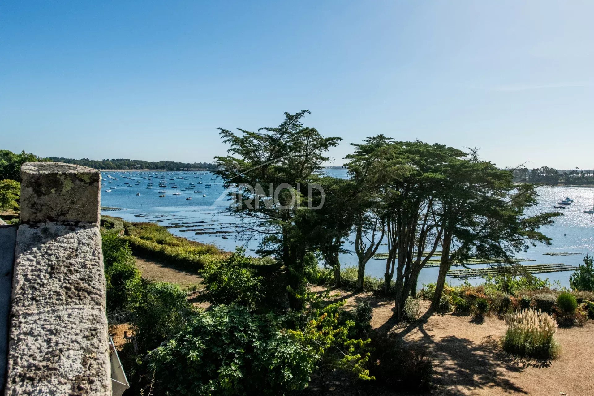 Terrasse avec vue sur le Golfe du Morbihan Vue panoramique sur le Golfe du Morbihan depuis une terrasse avec arbres et eau en arrière-plan.