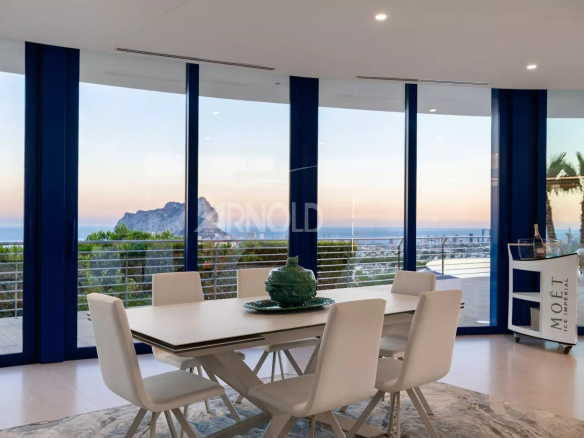 Modern interior of a villa with views of the sea and the Penyal d'Ifac in Calpe.