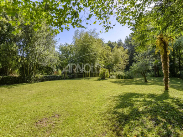 Jardin spacieux et paysagé d'une propriété au Pellerin, avec des arbres et une pelouse bien entretenue.