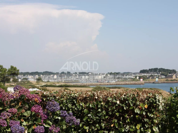 Vue panoramique sur l'océan et la plage depuis un terrain paysagé à Arzon.