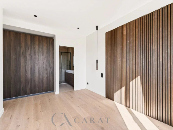 Modern empty room with white walls, light wood floor, a tall dark wood sliding door on the left, and a vertical wood slat wall on the right; doorway to a bathroom in the center.