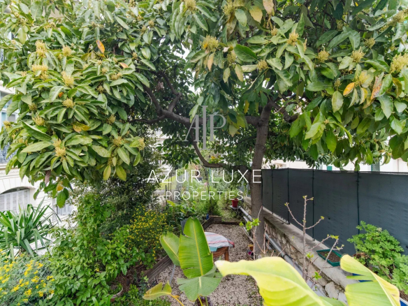 Green garden with trees and plants, relaxation area in Nice, Villa Mireille.