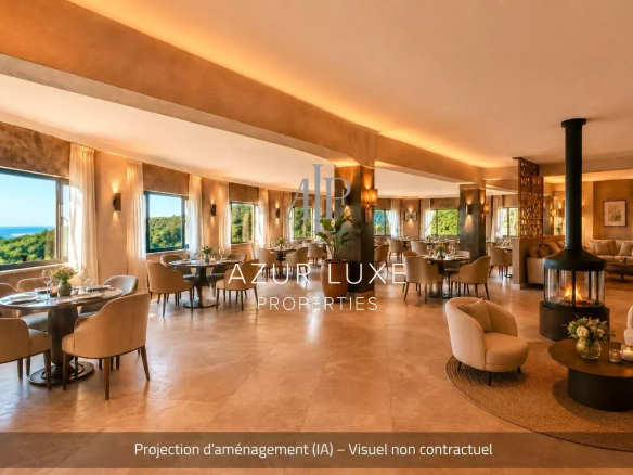 Interior of a former hotel-restaurant with views of the sea and the hills of Castillon.