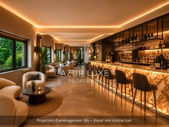 Interior of a former hotel-restaurant with bar and comfortable seating, warm lighting.