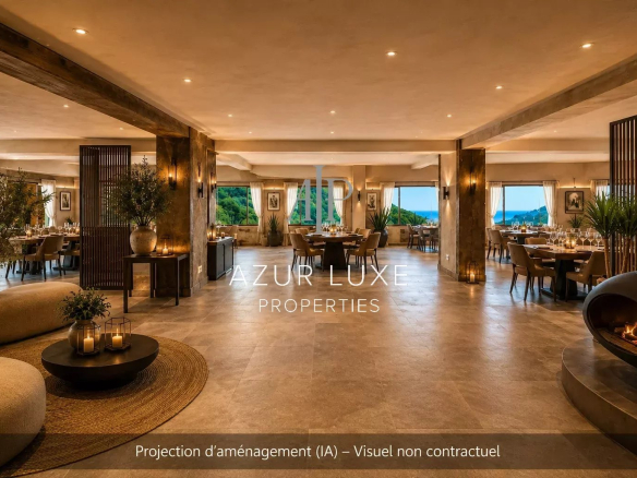 Interior of a former hotel-restaurant with views of the hills and the sea, warm and modern atmosphere.